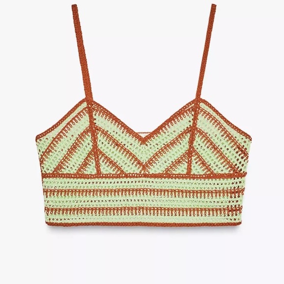 NWT Zara Brown and Light Green Crochet Crop Top - Picture 4 of 7